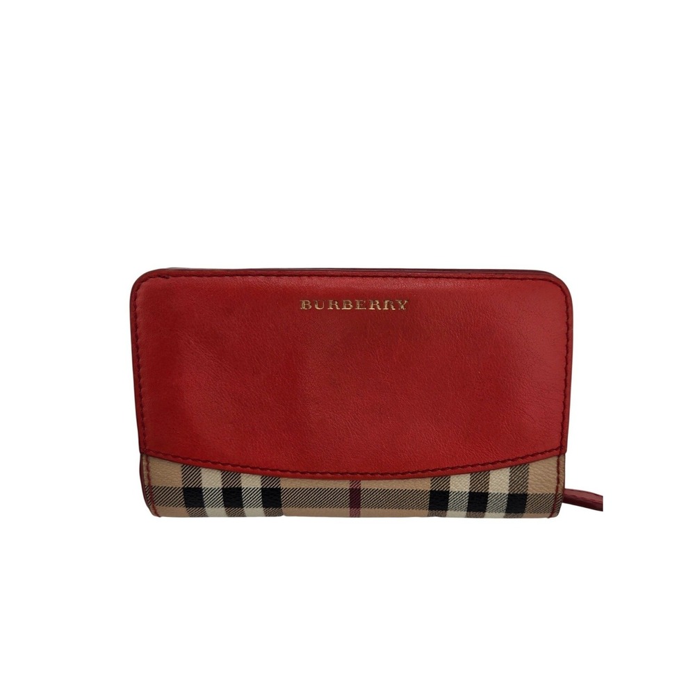 Burberry Red Leather Haymarket Check Bi-Fold Wallet Gold Logo Snap Closure